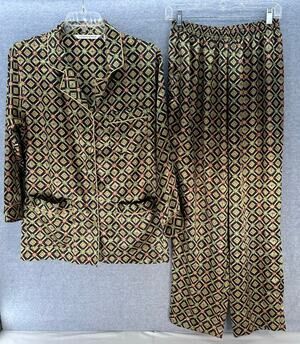 VTG Victoria’s Secret Women's M Stain Gold & Black Geometric Print Pajama Set